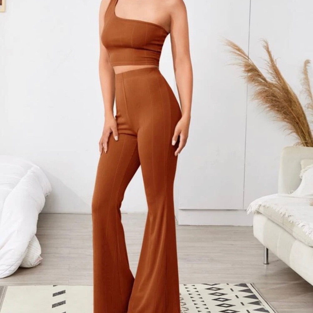 Ribbed One Shoulder Crop Top and Flare Pants Set